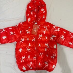 PatPat Red Puffer Jacket with White Patterns